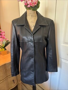 Black Leather Button-Front Women's Long Jacket/Car Coat Size Small